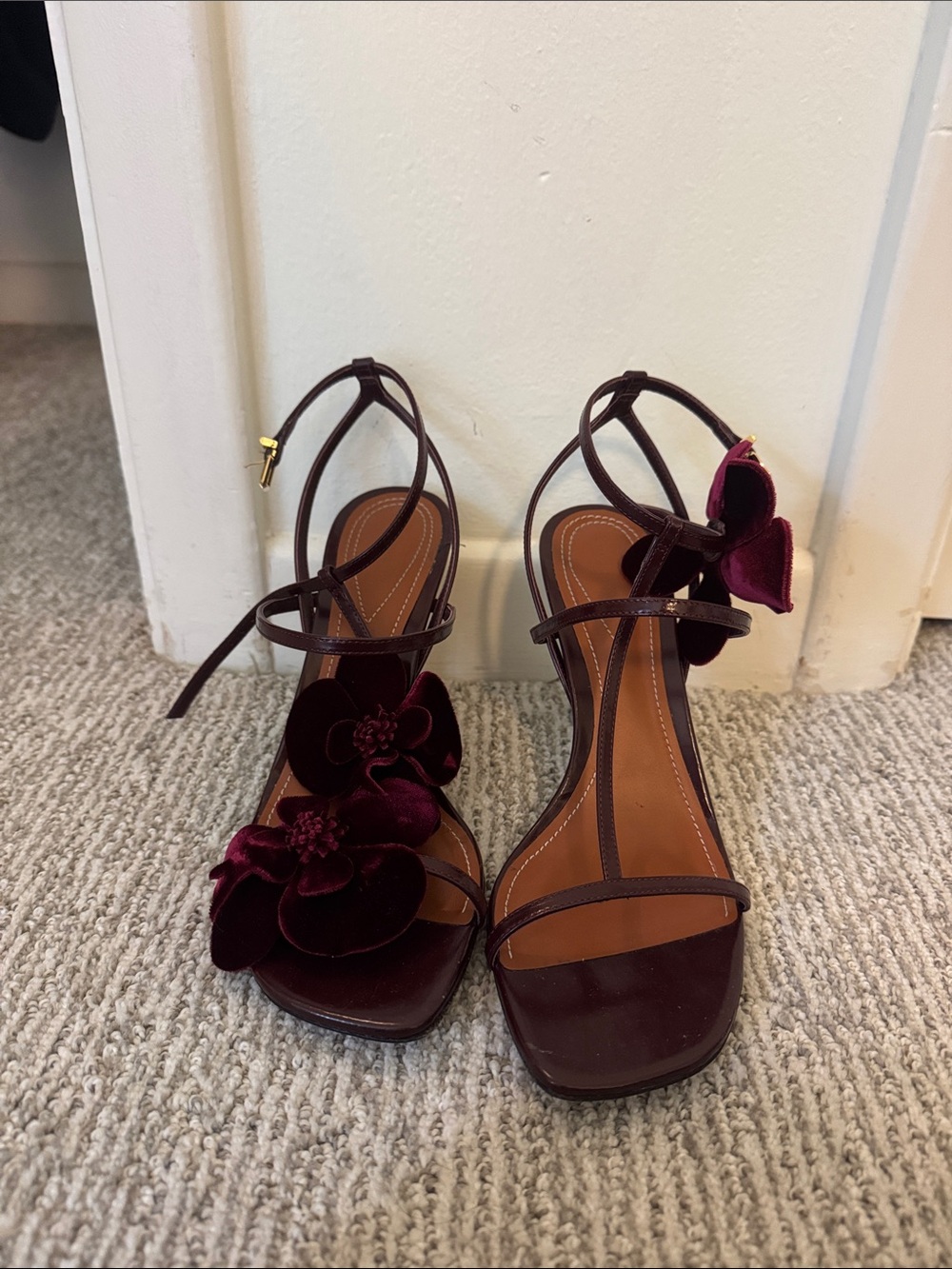 Zimmerman Orchid Velvet Flower Ankle-Strap Sandals in Burgundy
